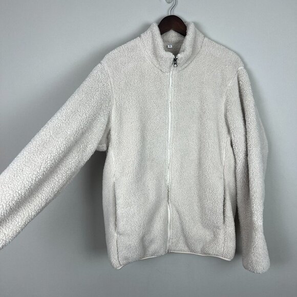 Uniqlo Fleece Sherpa Jacket Womens Medium Cream High Neck Full Zip Front Cozy M - Picture 13 of 13